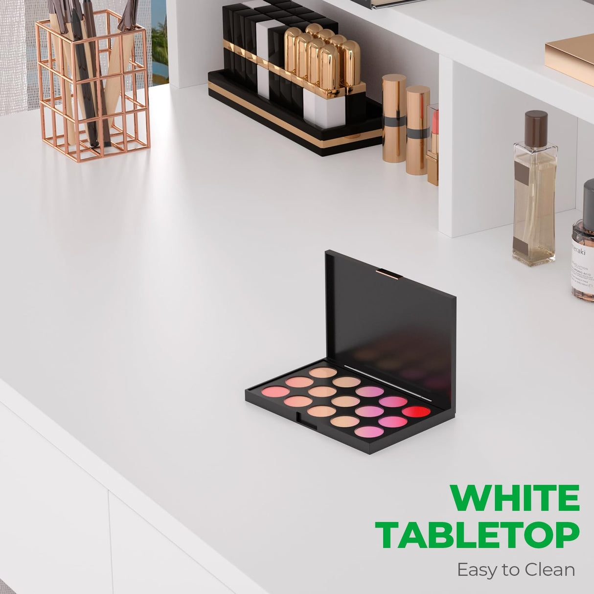 GreenForest Vanity Desk with 2 Drawers, White Makeup Desk with 3 Storage Spaces, 40 inch Small Desk with Gold Metal Legs, Modern Home Office Desk for Kids, Bedroom (No Mirror) GreenForest