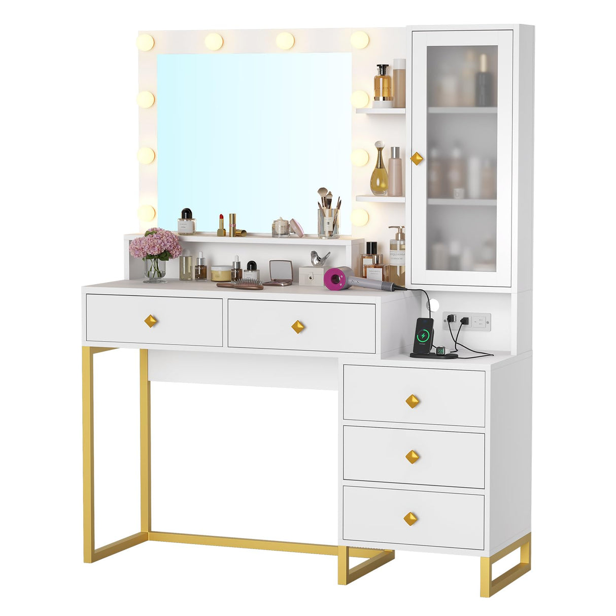 Tiptiper Large Makeup Vanity with Lights, Vanity Table with Charging Station Vanity Desk with Mirror and 10 LED Light Bulbs, Makeup Table with 5 Drawers, Nightstand and Storage Shelves, White & Gold Tiptiper