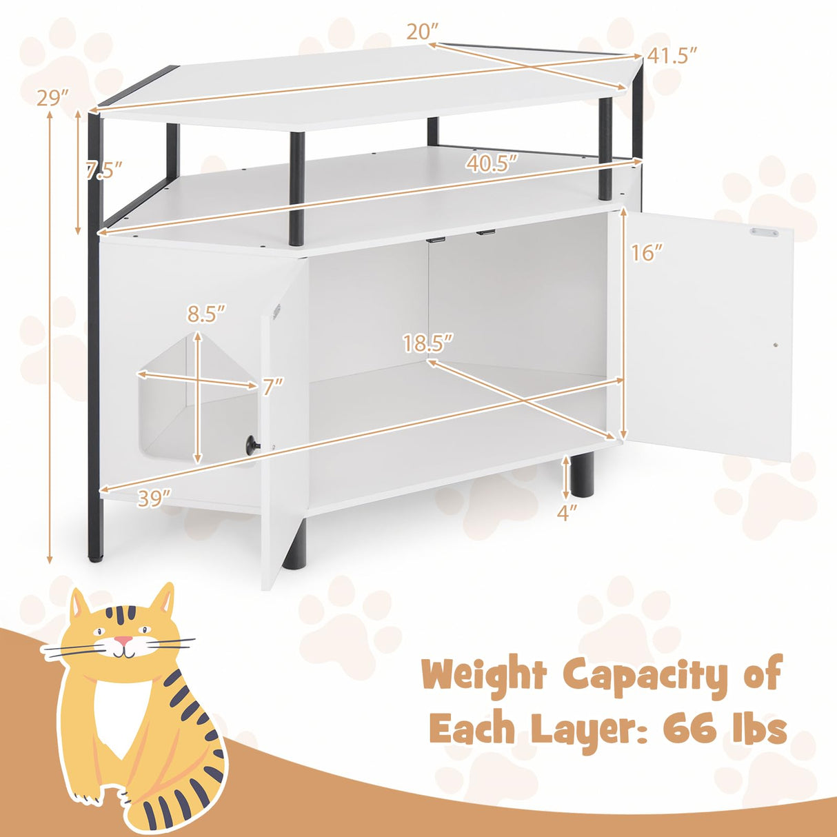 Tangkula Corner Litter Box Enclosure, Double Enclosed Litter Box Furniture with Open Shelf, 2 Entrances, Hidden Cat Washroom, Large Cat Box Cabinet for Indoor Cats (White) Tangkula