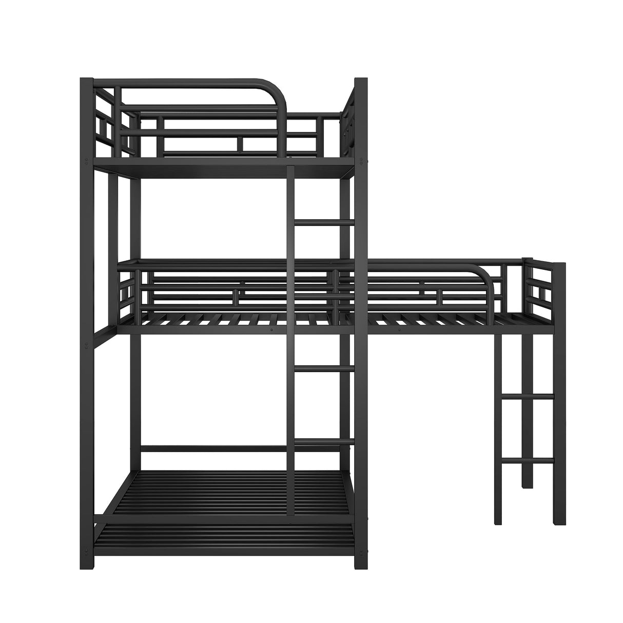 Jintop L-Shaped Metal Triple Twin Size Bunk Bed with Integrated Ladder,Modern Multifunctional Bed Frame w/Full-Length Guardrails & Slats Support,Easy Assembly,for Dorm or Guest Room,Black Jintop