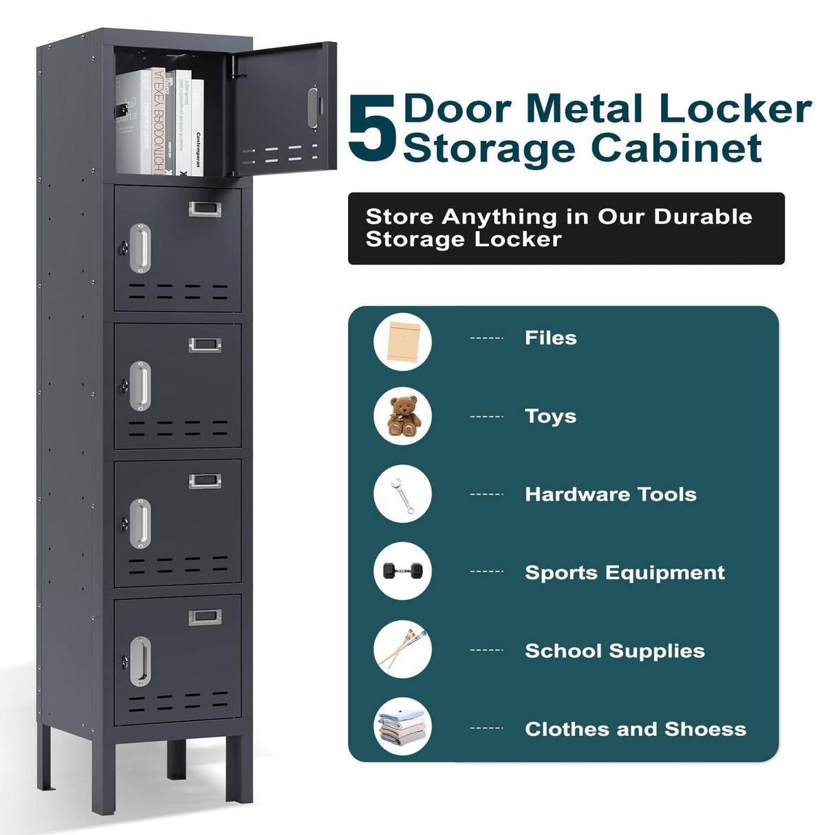BUTISOW Metal Lockers - 66" Height Steel Lockers for Employees with 5 Door Storage Locker with Card Slot for Employees Gym School Home Office Garage - Assembly Required BUTISOW