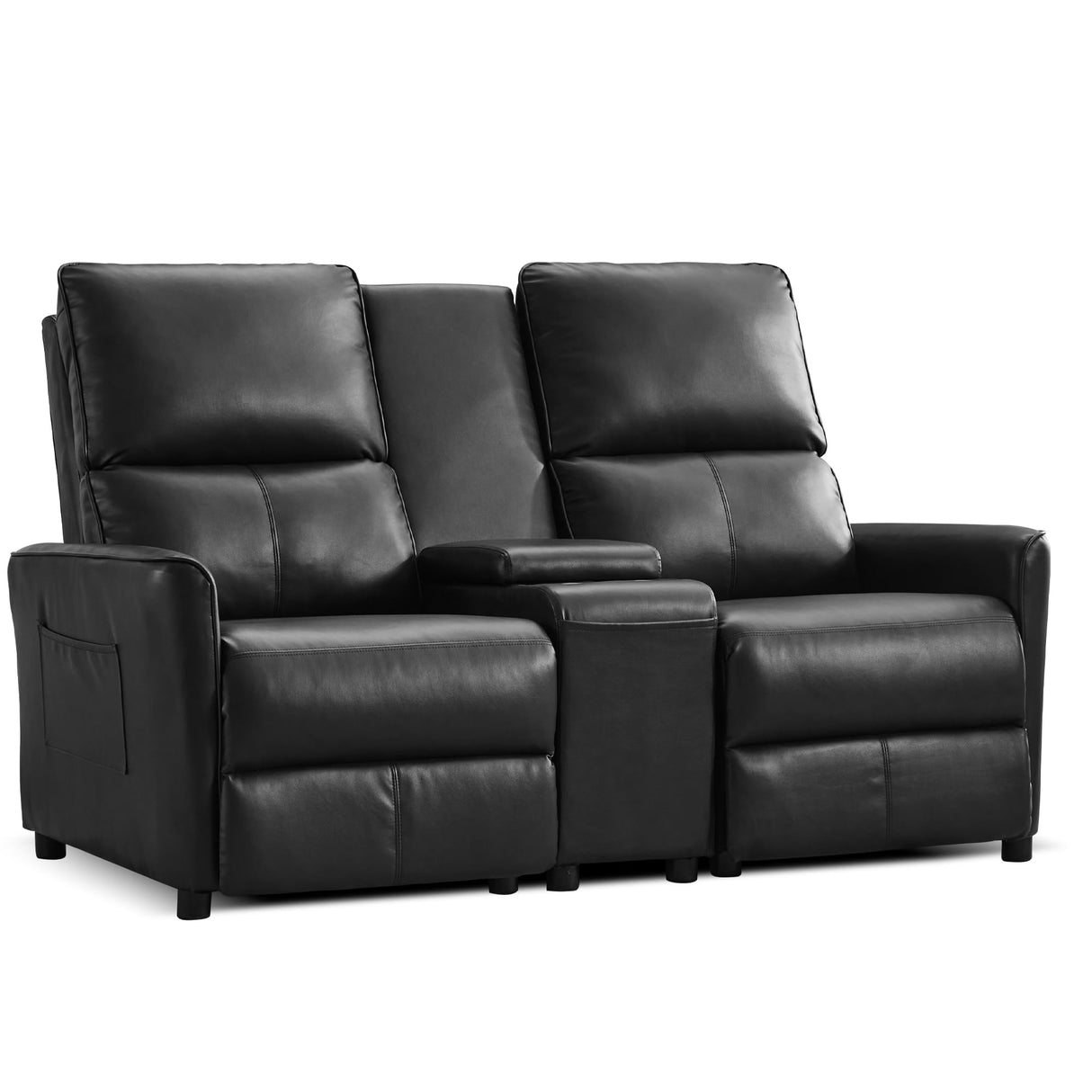DRMBOOK 63'' RV Loveseat Recliner Sofa, Faux Leather Double Camper Couch 2 Seater Recliner with Console, Home Movie Theater Seating Chair, 2 Person Push Back Recliners for Living Room, Black DRMBOOK