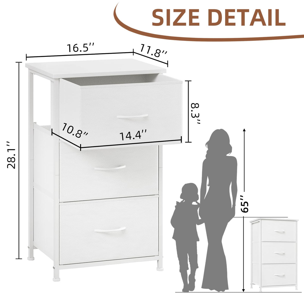 Somdot Dresser for Bedroom with 3 Drawers, Storage Organizer Chest of Drawers with Removable Fabric Bins for Closet Bedside Living Room Laundry Entryway Hallway, White Leather Somdot