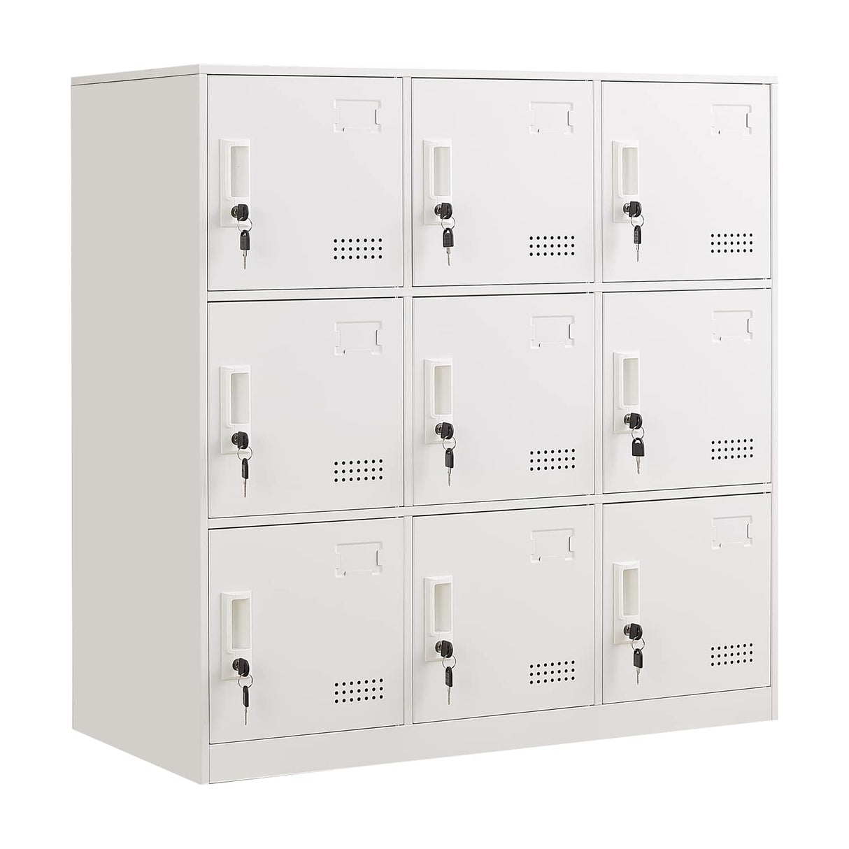 iCHENGGD Metal Locker 9 Door Storage Cabinet, Steel Storage Lockers for Employees, with Lock and Ventilation, Office School Gym Storage Organizer (White) iCHENGGD
