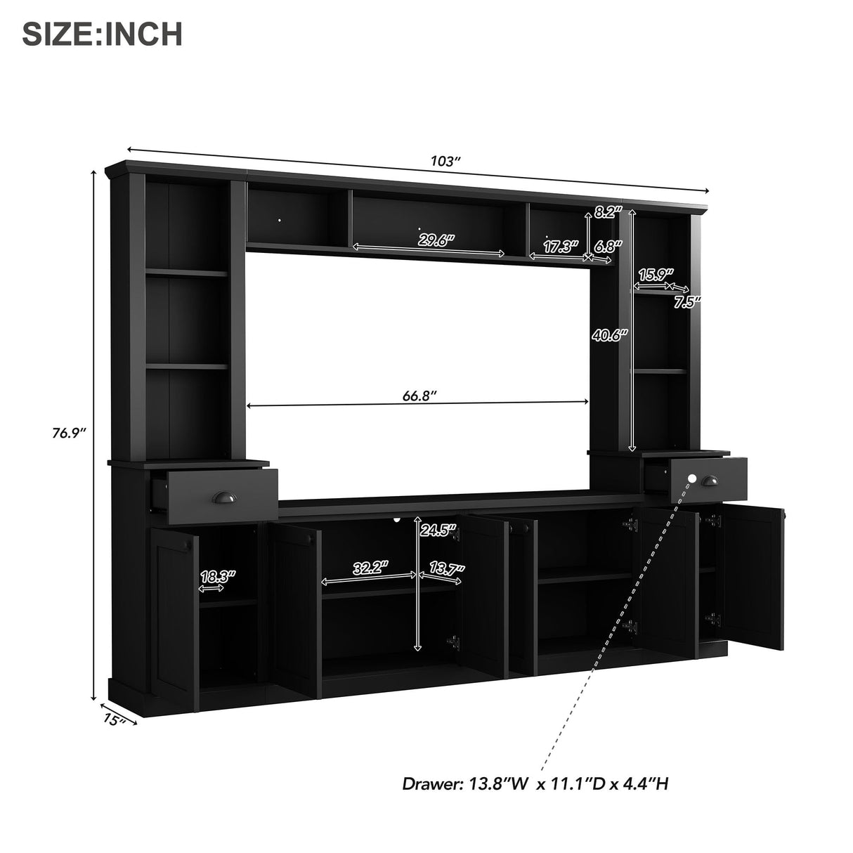 Ball & Cast TV Stand with Cabinets for TVs up to 75",Wall Unit Entertainment Center with Storage and Open Shelves,Modern Media TV Console with 2 Drawers for Living Room,Black Ball & Cast