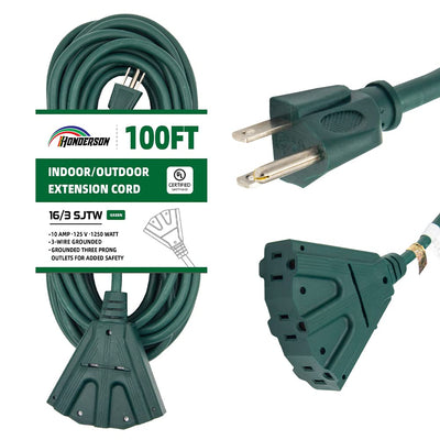 HONDERSON 100FT Outdoor Extension Cord with 3 Electrical Power Outlets - 16/3 SJTW Durable Green Cable with 3 Prong Grounded Plug for Safety,Great for Outdoor Christmas Decorations