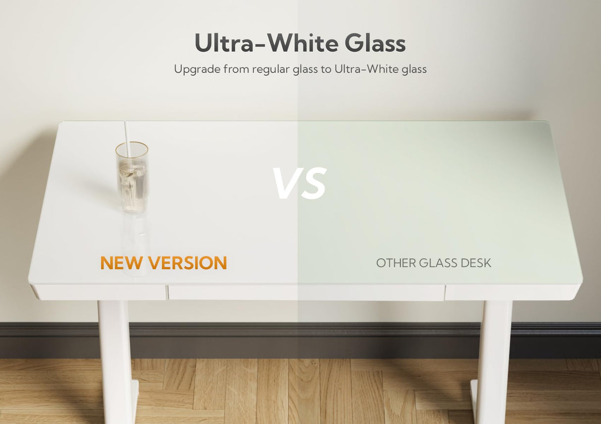 Claiks Glass Standing Desk with Drawers, 55 Inch Adjustable Stand Up Desk, Quick Install Home Office Computer Desk with USB Ports, White Claiks