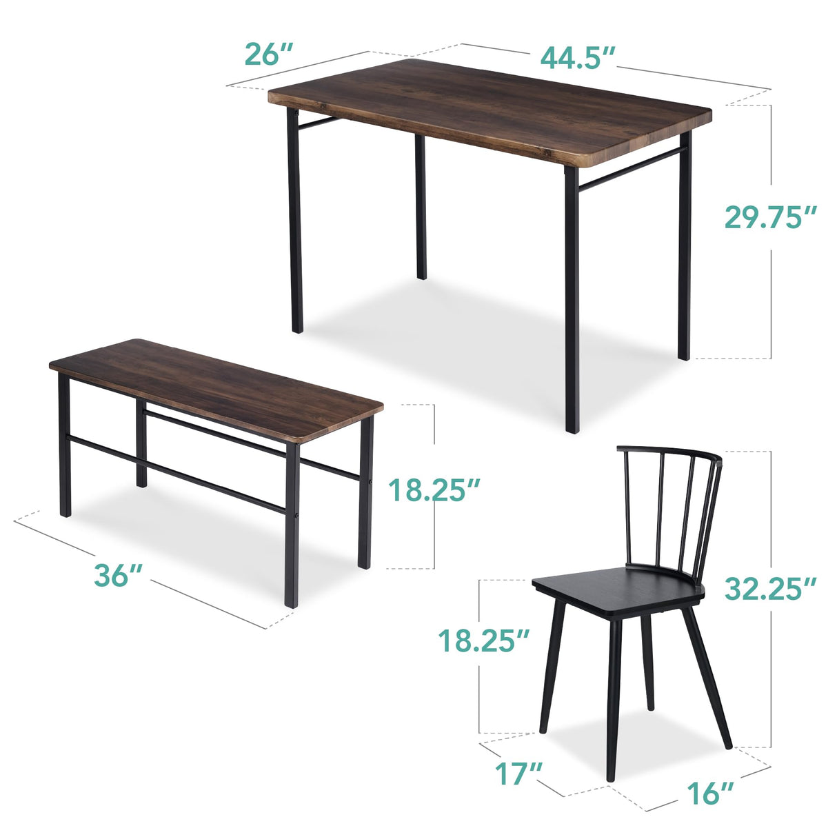 Best Choice Products 4-Piece Farmhouse Dining Table Set w/ 2 Black Spindle Chairs, Dining Bench, Kitchen Table, Windsor Chairs - Dark Brown Best Choice Products