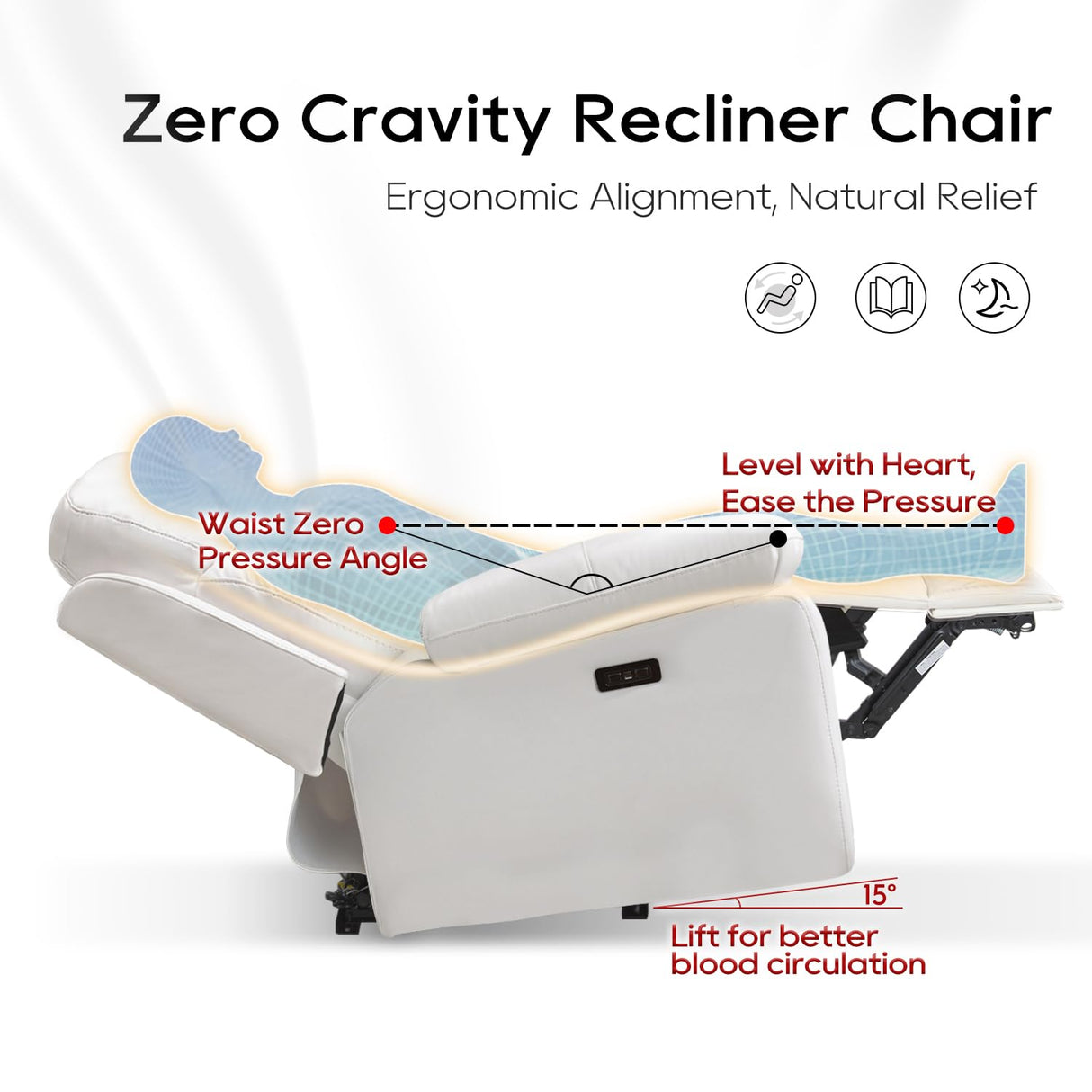 Power Recliner Sofa Set of 3 Piece with Bass Speakers for Living Room,Faux Leather Electric Zero Gravity 3 Seater Reclining Couch with Wireless Charger and Loveseat Theater Chair with LED Lights,White Comfort Stretch