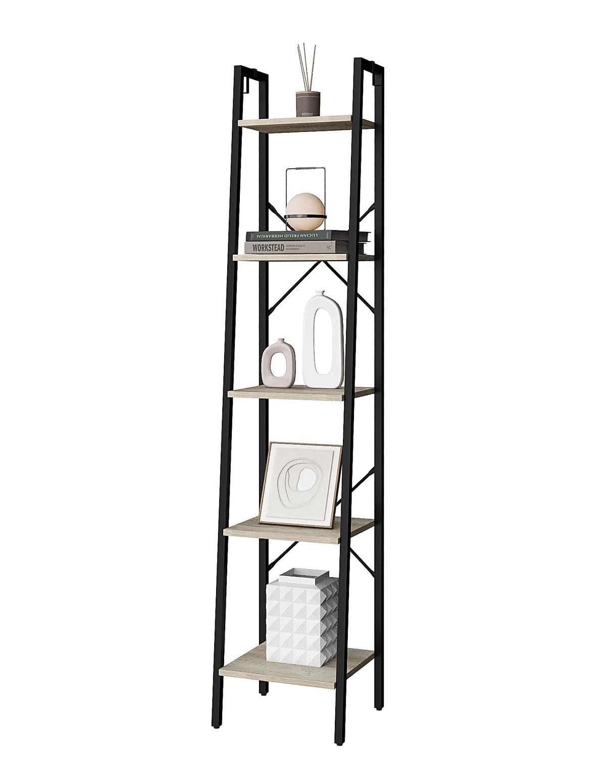 Hzuaneri Ladder Shelf, Bookshelf Bookcase, Freestanding Corner Storage Shelve with 2 Hooks for Home Office, Living Room, Kitchen, Bedroom, Industrial, 5-Tier Greige BC03205B Hzuaneri