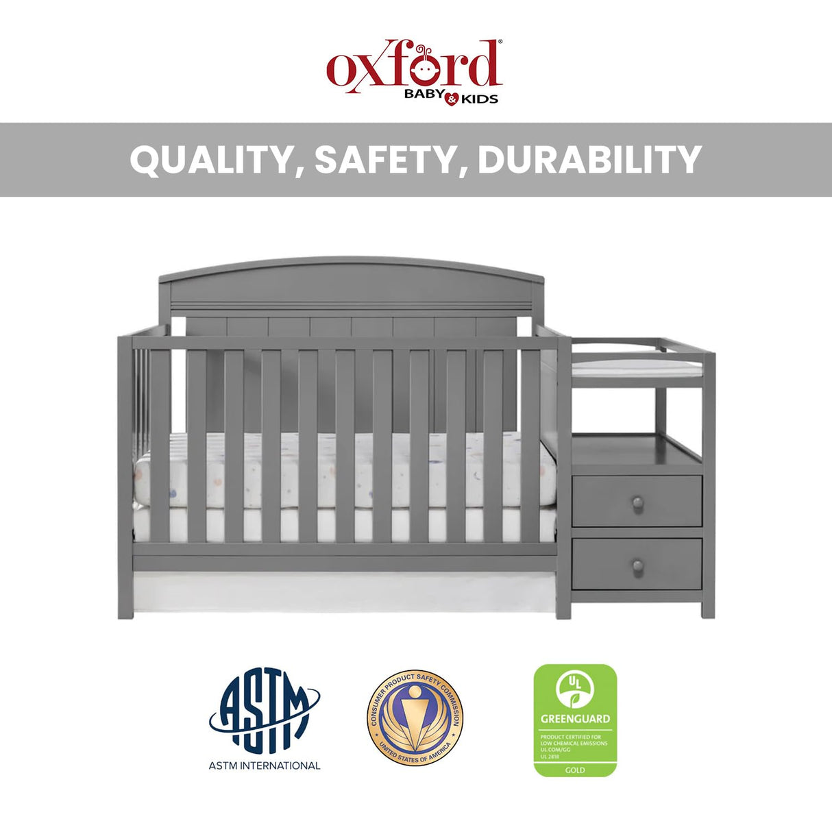 Oxford Baby Pearson 4-in-1 Convertible Crib & Changing Station, Dove Gray, GreenGuard Gold Certified Oxford Baby