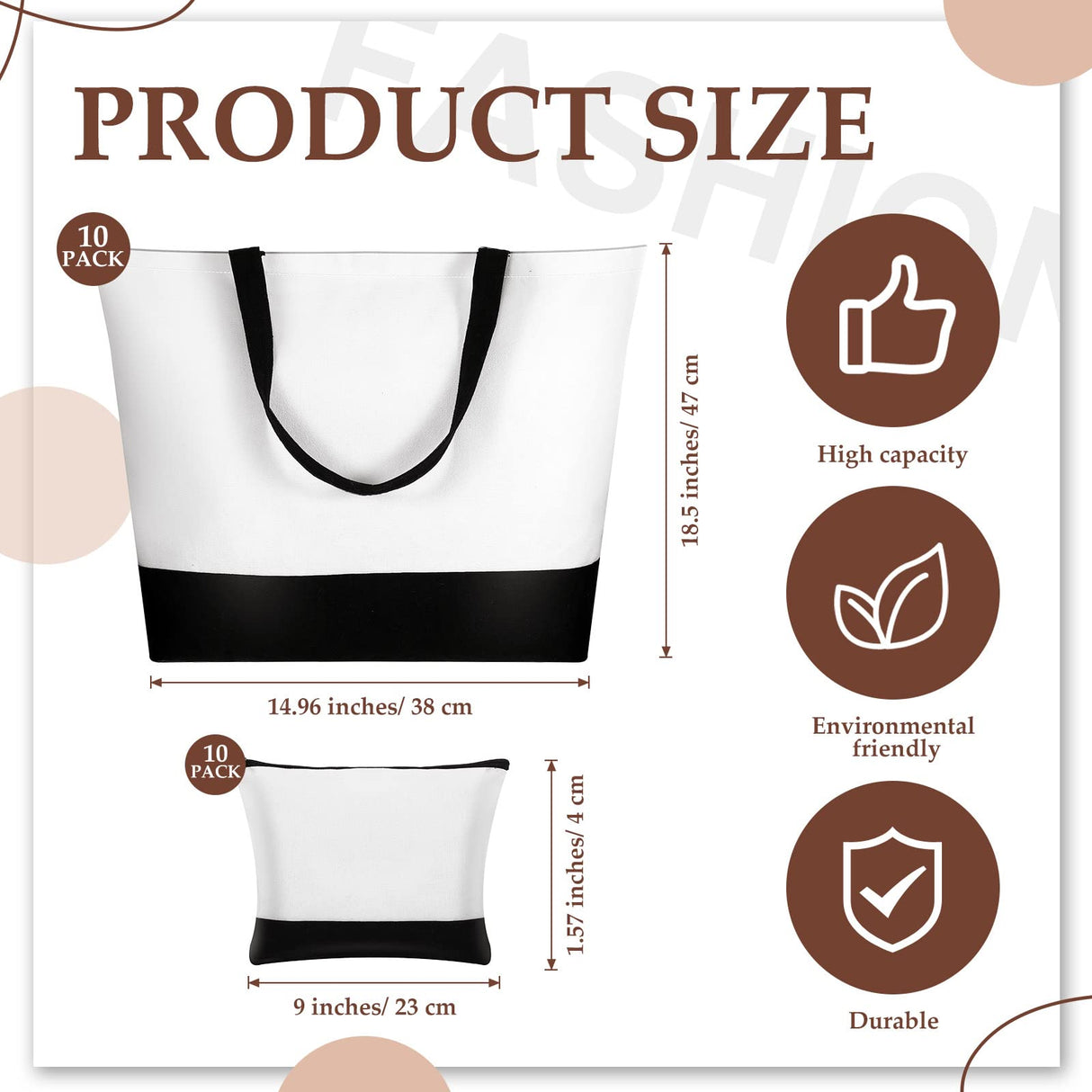 Sanwuta 20 Pcs Large Blank Canvas Tote Bags and Makeup Bags Blank Reusable Grocery Bags Canvas Bags with Handles(Black and White) Sanwuta