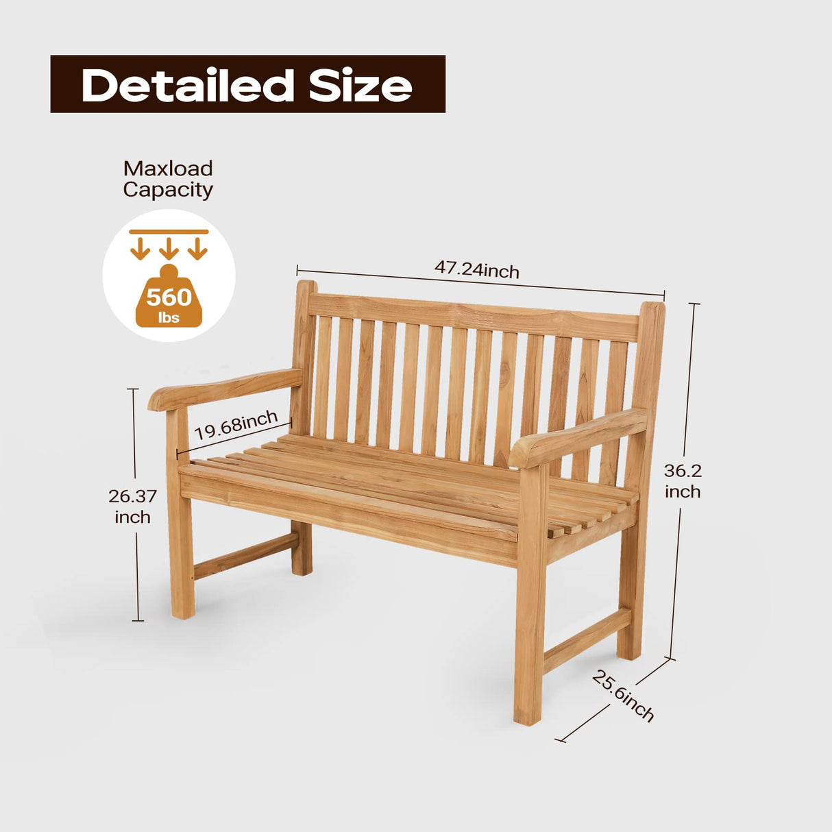 OTSUN A-Grade Natural Teak Bench - Outdoor Garden Bench with Curved Backrest & Arch Armrest, Patio Bench - All-Weather 100% Solid Teak Wood 2-Person Park Bench for Yard, Lawn OTSUN