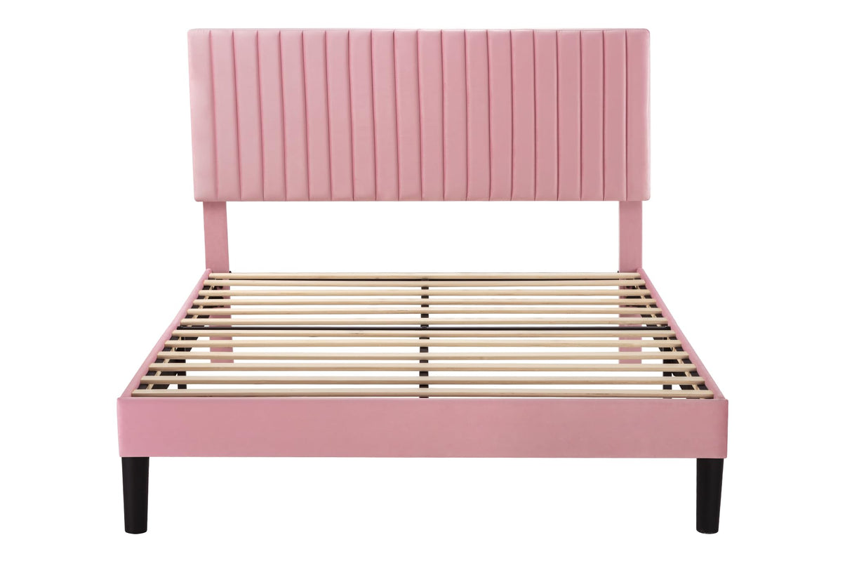 Allewie Queen Bed Frame, Velvet Upholstered Platform Bed with Adjustable Vertical Channel Tufted Headboard, Mattress Foundation with Strong Wooden Slats, Box Spring Optional, Easy Assembly, Pink Allewie