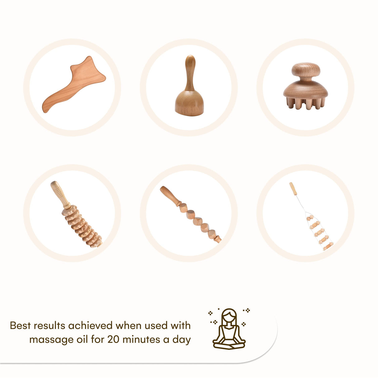 PURAVA Wood Therapy Massage Tools Set of 6 - Wood Therapy Tools for Body Shaping - Wooden Lymphatic Massager Body Sculpting Kit - Massage Roller Accessories, Stomach, Back and Foot Massage Roller PURAVA