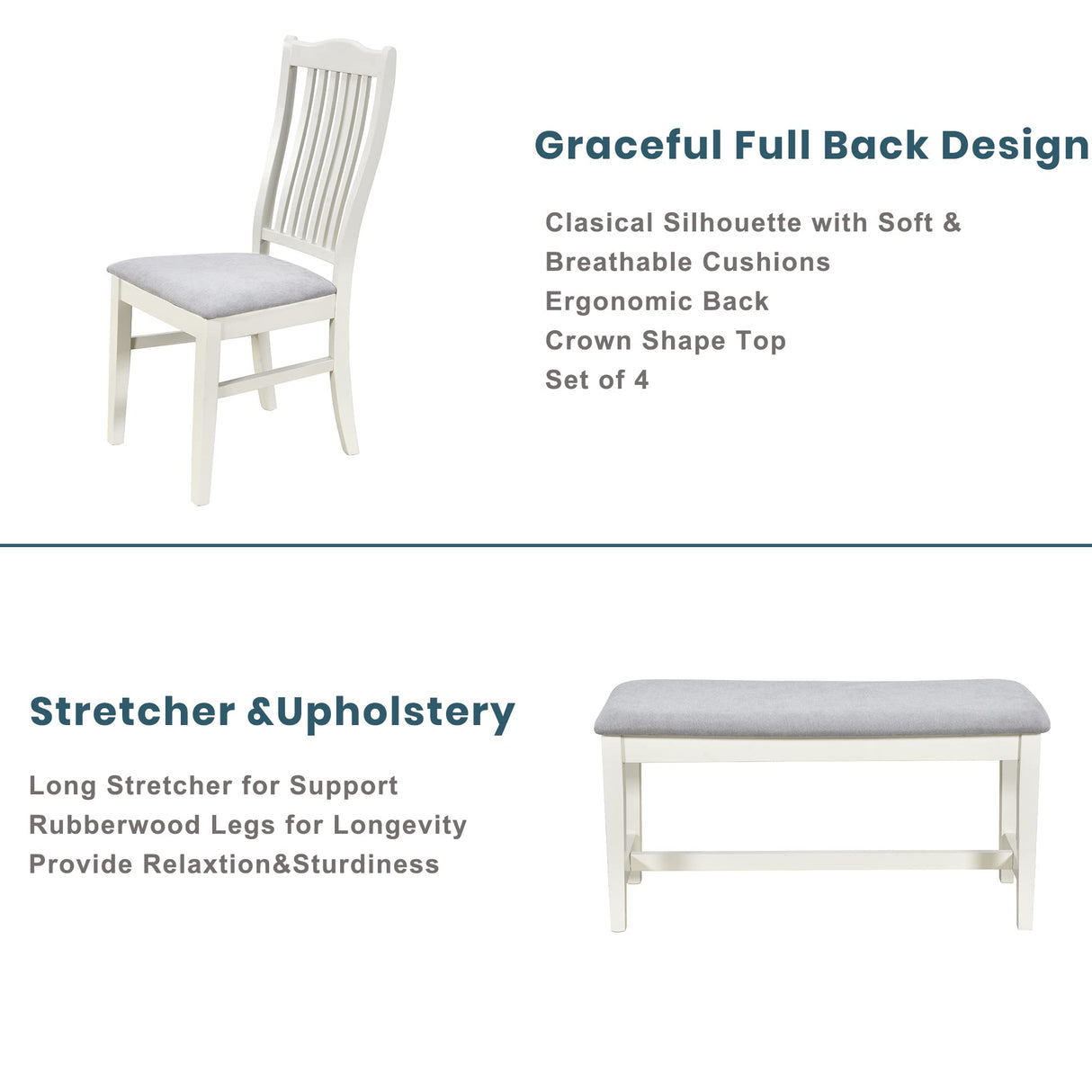 LUMISOL 6 Piece Solid Wood Dining Table Set, Farmhouse Kitchen Table Set with 4 Upholstered Chairs, Bench and Storage Drawers, Butter Milk LUMISOL