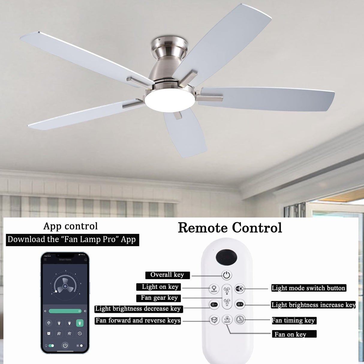 NKPU Ceiling Fans with Lights, 52 Inch Low Profile Ceiling Fan with Light and Remote Control, Flush Mount, DC Reversible Motor, Dimmable LED Ceiling Fans for Bedroom,Indoor/Outdoor Patio Use(Nickel) NKPU