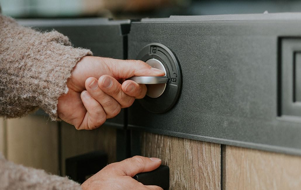 Keter Signature Collection All-Weather Storage Shed with Skylight, Window, Built-in Ventilation, Customizable Walls, & Lockable Double Doors, Walnut Keter
