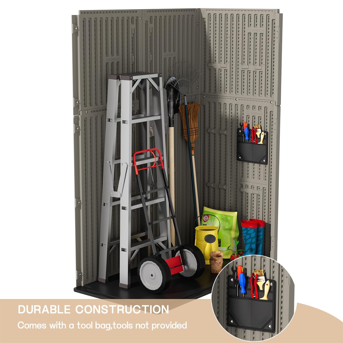 KINYING Outdoor Storage Cabinet Waterproof, 57 Cu.ft Resin Vertical Outdoor Storage Shed for Patio Furniture, Garden Tools, Pool Accessories, Mower Storage (Brown) KINYING