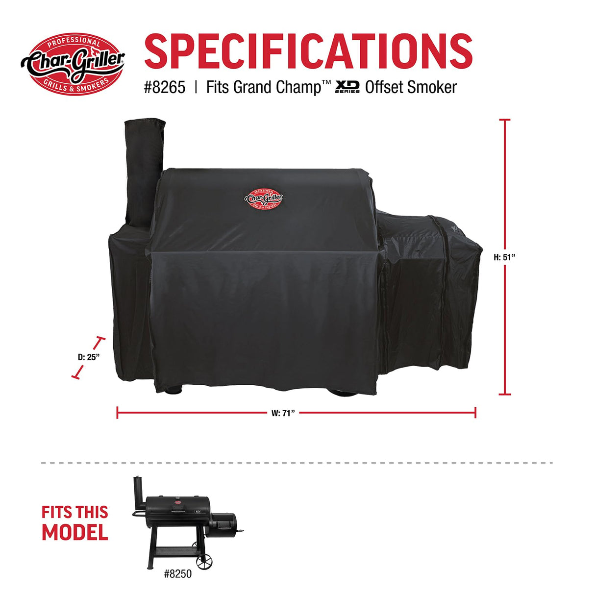 Char-Griller® Grand Champ™ Grill Cover, Shields and Protects from Moisture, Wind, Sand, Birds and Dirt, PVC and Polyester Blend, Black, Designed to Fit Model # 8250. Char-Griller