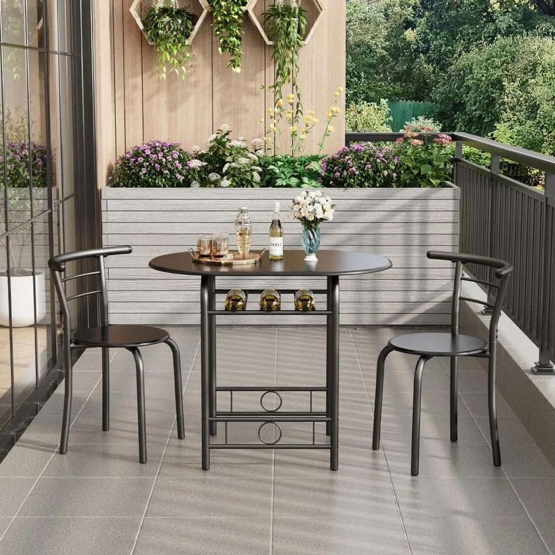 Shahoo 3-Piece Wooden Dining Table Set, Kitchen Breakfast Nook Sets with 2 Chairs & Round Tabletop, Space Saving Furniture Metal Frame and Built-in Wine Rack, Black Shahoo