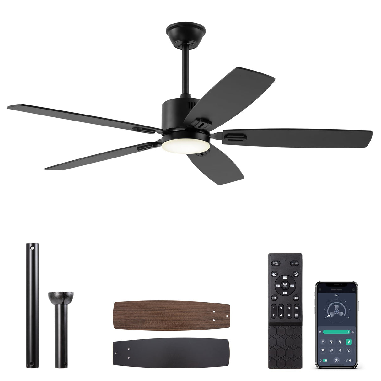 SUNMORY 52" Ceiling Fans with Lights, Smart Ceiling Fan with APP and Remote Control, Reversible DC Motor, Noiseless, Stepless Dimmable, Modern Ceiling Fan for Indoor/Outdoor Use, Black SUNMORY