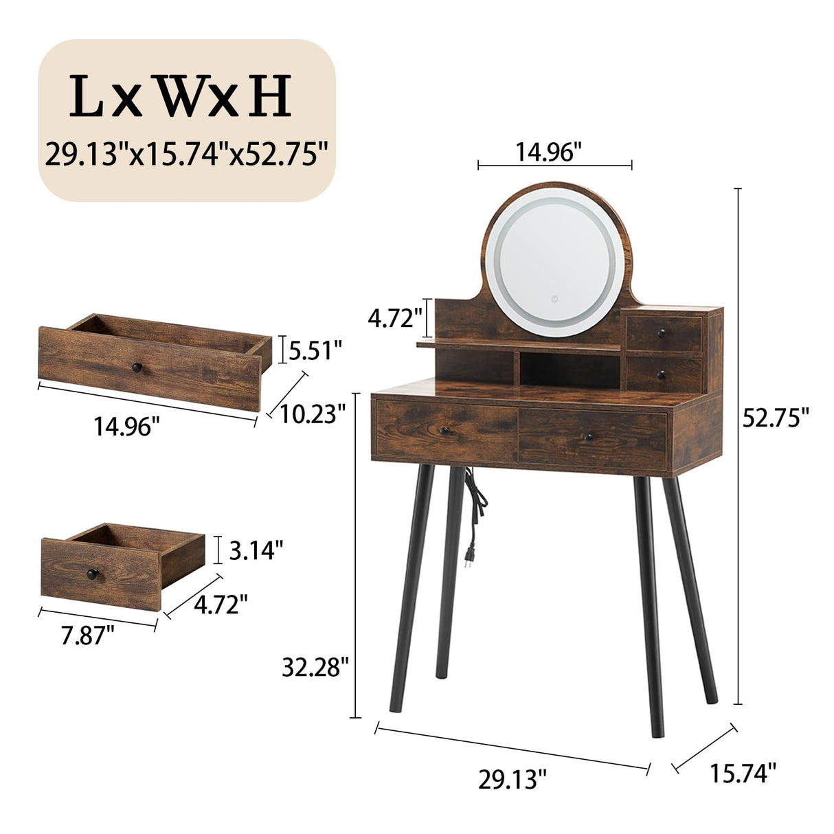 EOQIFJM Small Vanity Desk Set with Mirror and Lights, Makup Table with Chargin & 4 Storage Drawers,Station for Compact Space Bedroom (Brown) EOQIFJM