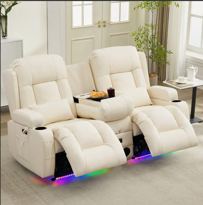 URRED Power Reclining Loveseat Sofa with Console, RV Couch Loveseat Recliner Sofa with Massage & Heat, LED Light, Cupholders, Bluetooth Speakers, USB Charge Ports, Outlets, Faux Leather, Ivory