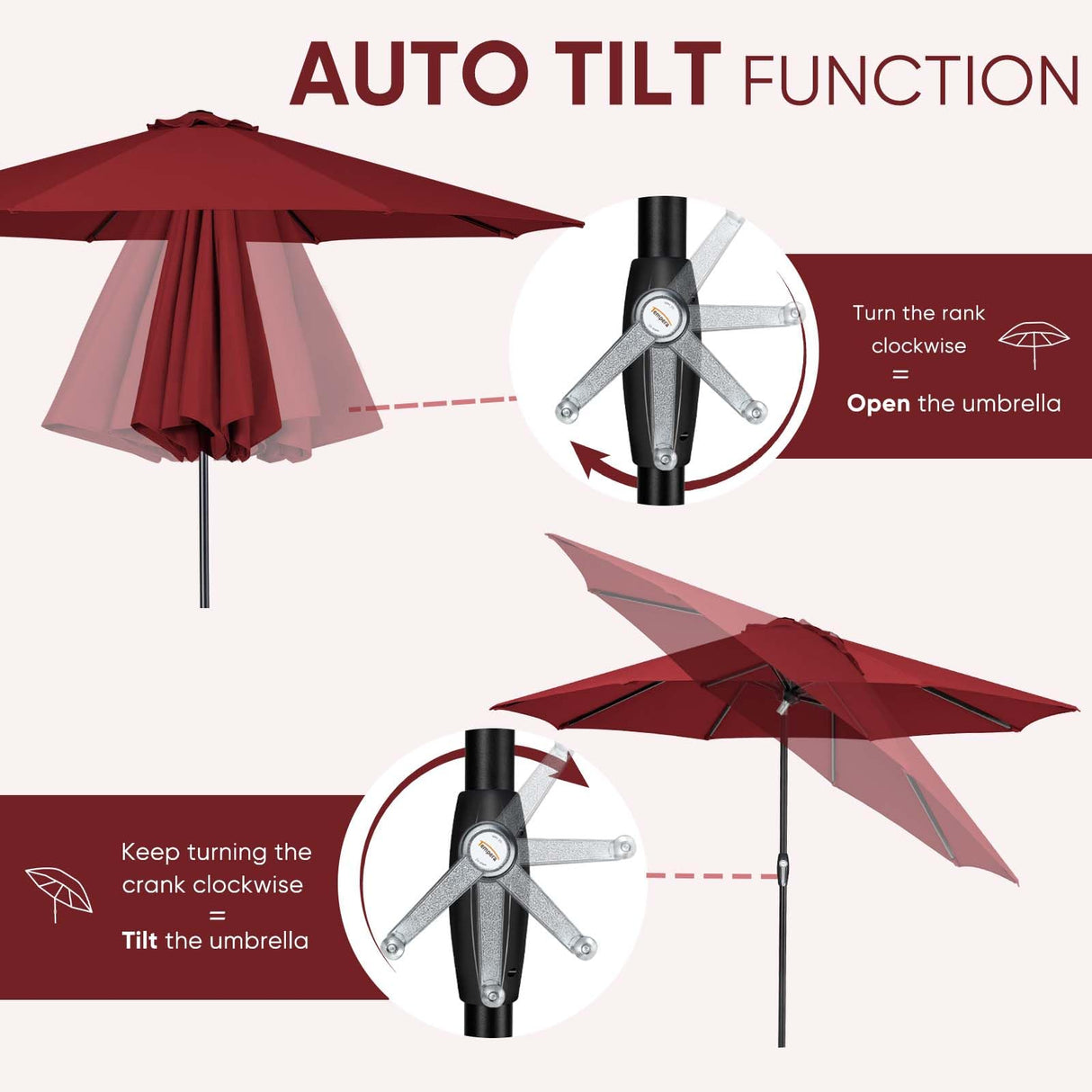 Tempera 10ft Patio Market Outdoor Table Umbrella with Auto Tilt and Crank,Large Sun Umbrella with Sturdy Pole&Fade resistant canopy,Easy to set,Chili Tempera