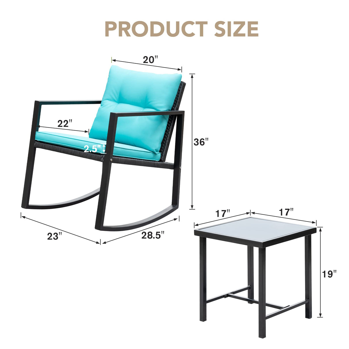 Devoko 3 Piece Rocking Bistro Set Wicker Patio Outdoor Furniture Porch Chairs Conversation Sets with Glass Coffee Table (Blue) Devoko