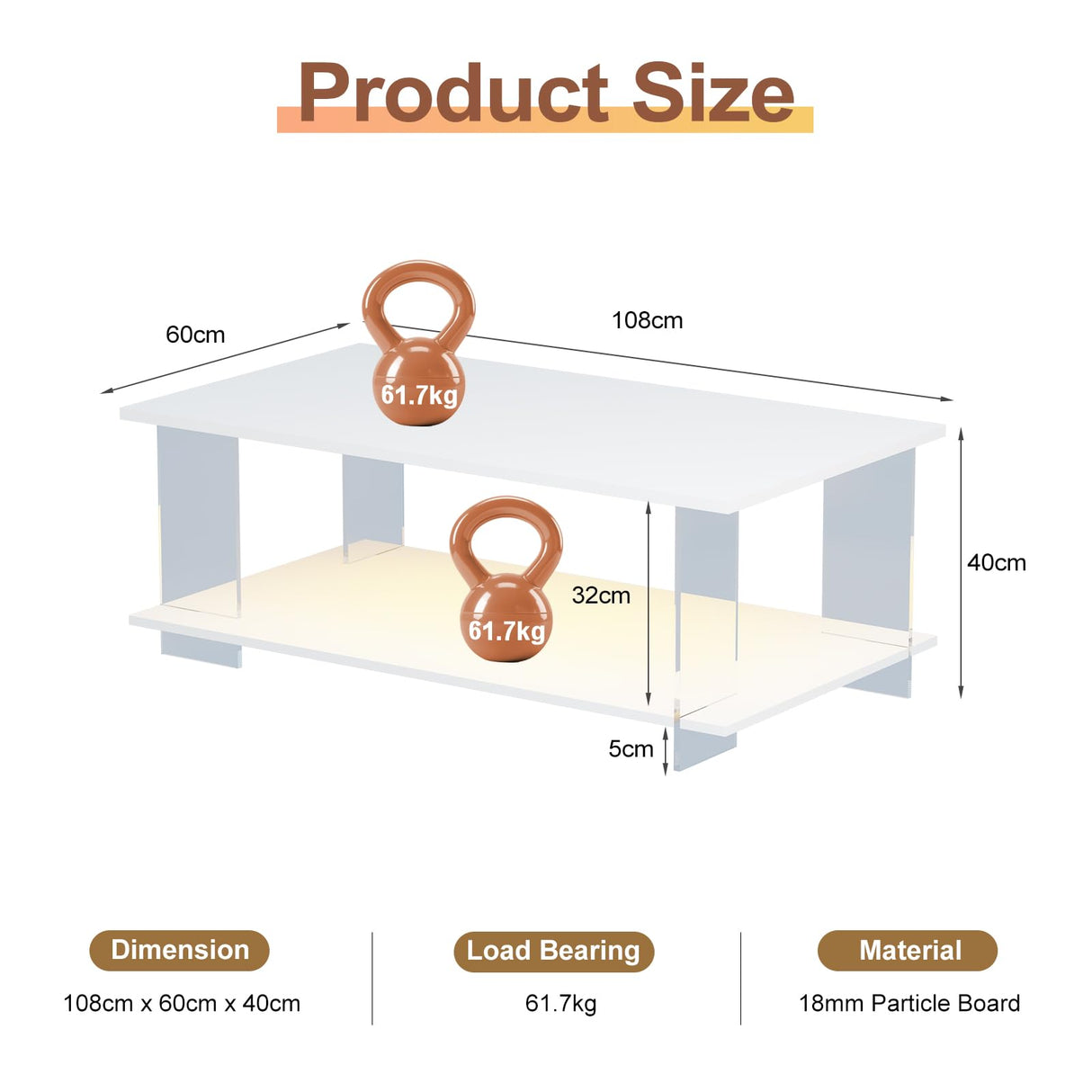 HedoAjim 43" Acrylic Coffee Table with Wood Top, Minimalist Stylish Modern Rectangular Center Tables for Living Room, Led Living Room Table with Storage Shelf & Acrylic Frame for Small Space HedoAjim