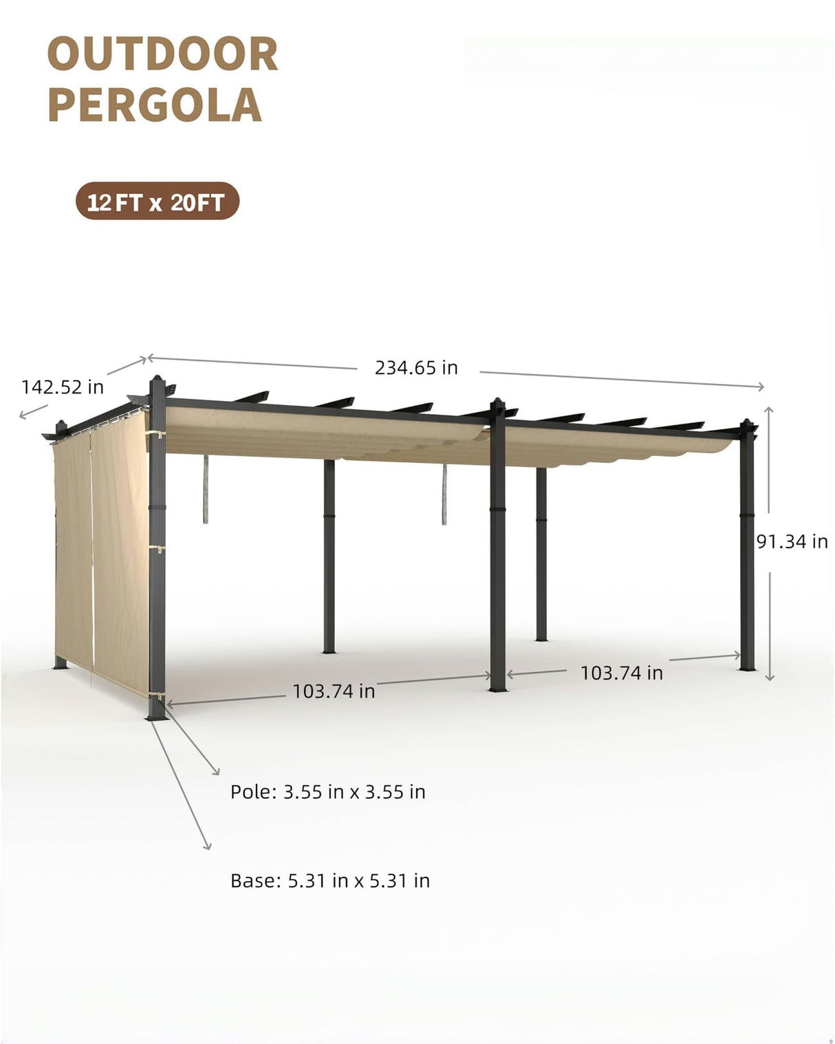 KYBOLT 12x20 Ft Modern Aluminum Pergola, Outdoor Pergola with Adjustable Canopy, Stable 4-Sided Base, Aluminum Gazebos for Backyard, Deck, Lawn - Khaki KYBOLT