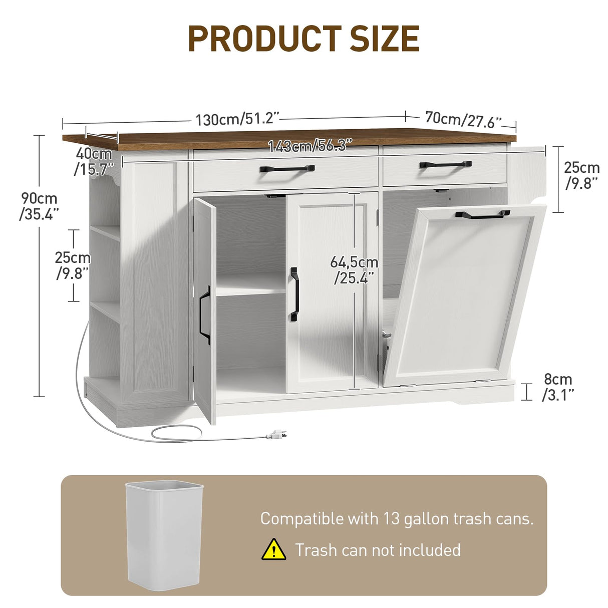 RALGEND Kitchen Island with Power Outlet & Drop Leaf, Rolling Storage Cart with Trash Storage Cabinet,Farmhouse Mobile Island Table for Kitchen, Dining Room, Hidden Casters, White and Walnut RALGEND