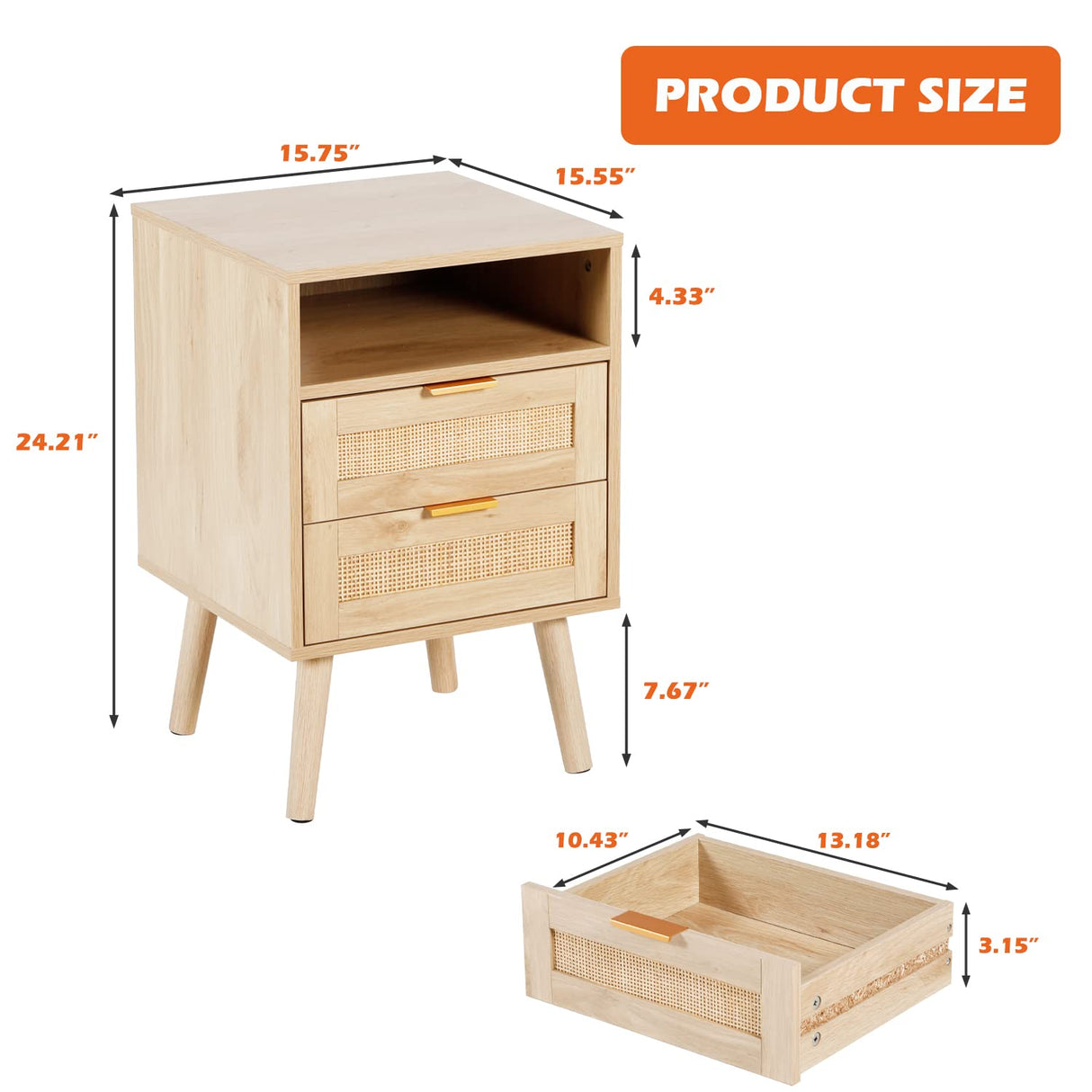 AILEEKISS Rattan Nightstands Set of 2 with Wireless Charging Station Modern Bedside Tables with Solid Wood Feet Night Stands Set of 2 with Drawers and Open Storage Shelf for Bedroom (Natural 2 Sets) AILEEKISS