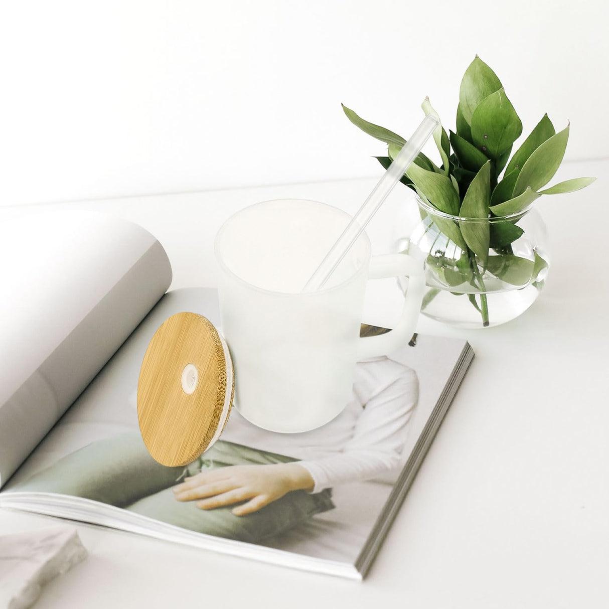 YOUKE OLA 12 Pack Sublimation Glass Cup with Handle Frosted Sublimation Blank Beer Can Tumblers with Bamboo Lid and Straw for heat press 16oz YOUKE OLA