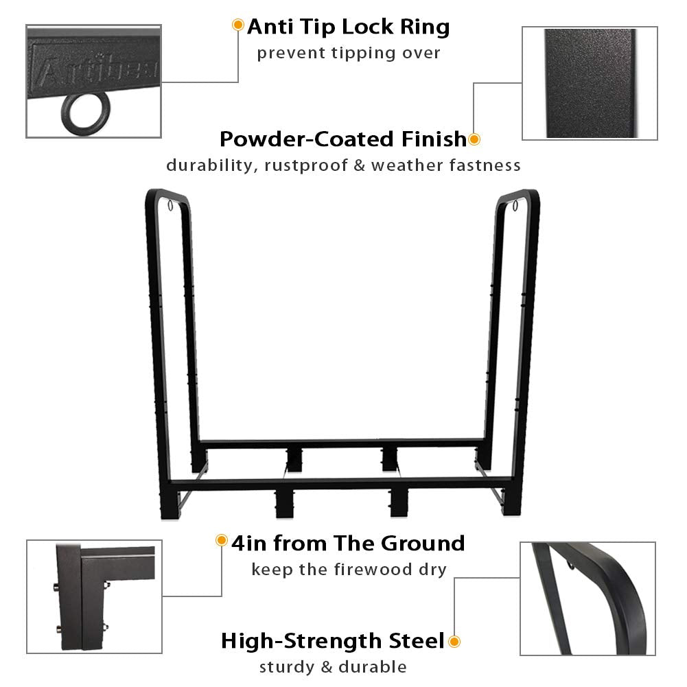 Artibear 4ft Outdoor Firewood Rack, Upgraded Adjustable Heavy Duty Logs Stand Stacker Holder for Fireplace - Metal Lumber Storage Carrier Organizer, Bright Black Artibear