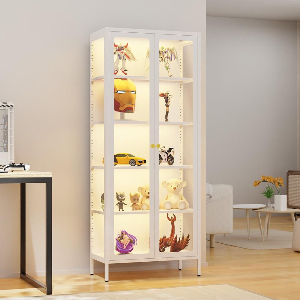 VCGGAIP 5-Tier LED Illuminated Glass Display Cabinet with Dual Tempered Doors - Adjustable Shelves & Leveling Feet for Home/Office- Collectibles Showcase (White, 13.78" D x 27.56" W x 66.93" H) VCGGAIP