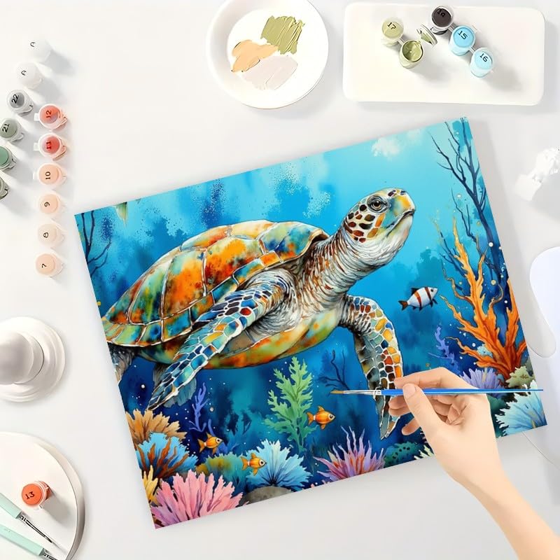 Ocean Turtle Paint by Numbers Kit for Adults - DIY Sea Turtle and Coral Reef Painting on Canvas 16x20 Inch, Acrylic Paint Set, Suitable for Beginners, Art for Home Decoration or Gifts DecorFriday