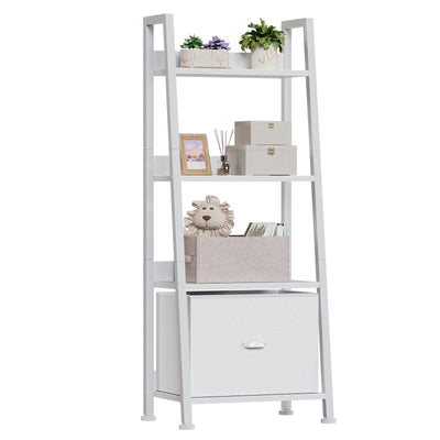 Furologee 4-Tier White Ladder Shelf, Ladder Bookshelf with Removable Drawer, Bookcase Storage Rack Organizer, Freestanding Storage Shelves for Living Room, Home Office, Bedroom