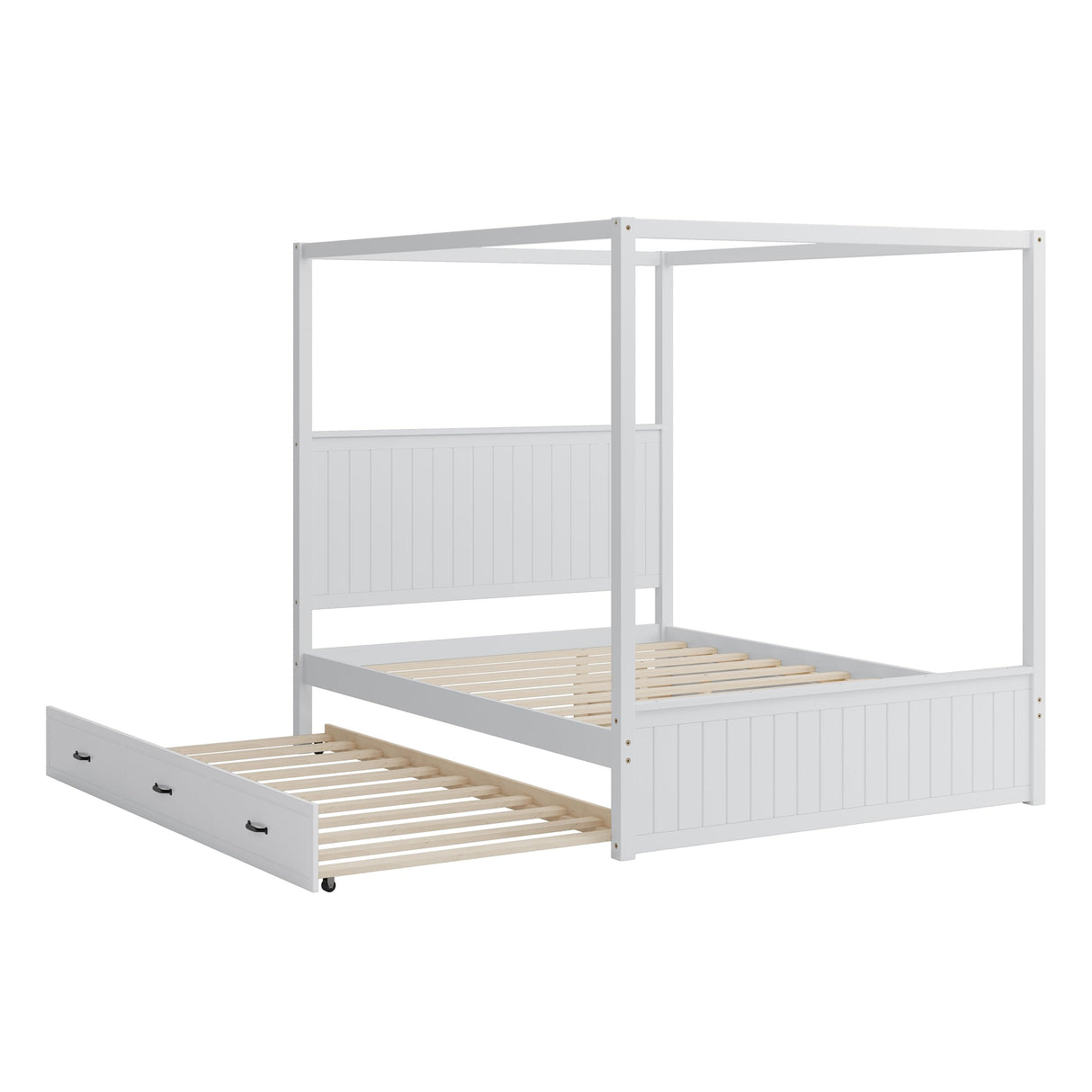 THINK 30 Modern Queen Size Canopy Platform Bed with Trundle and Three Storage Drawers,4-Post Solid Wood Bed Frame with Headboard,No Box Spring Needed (White) THINK 30
