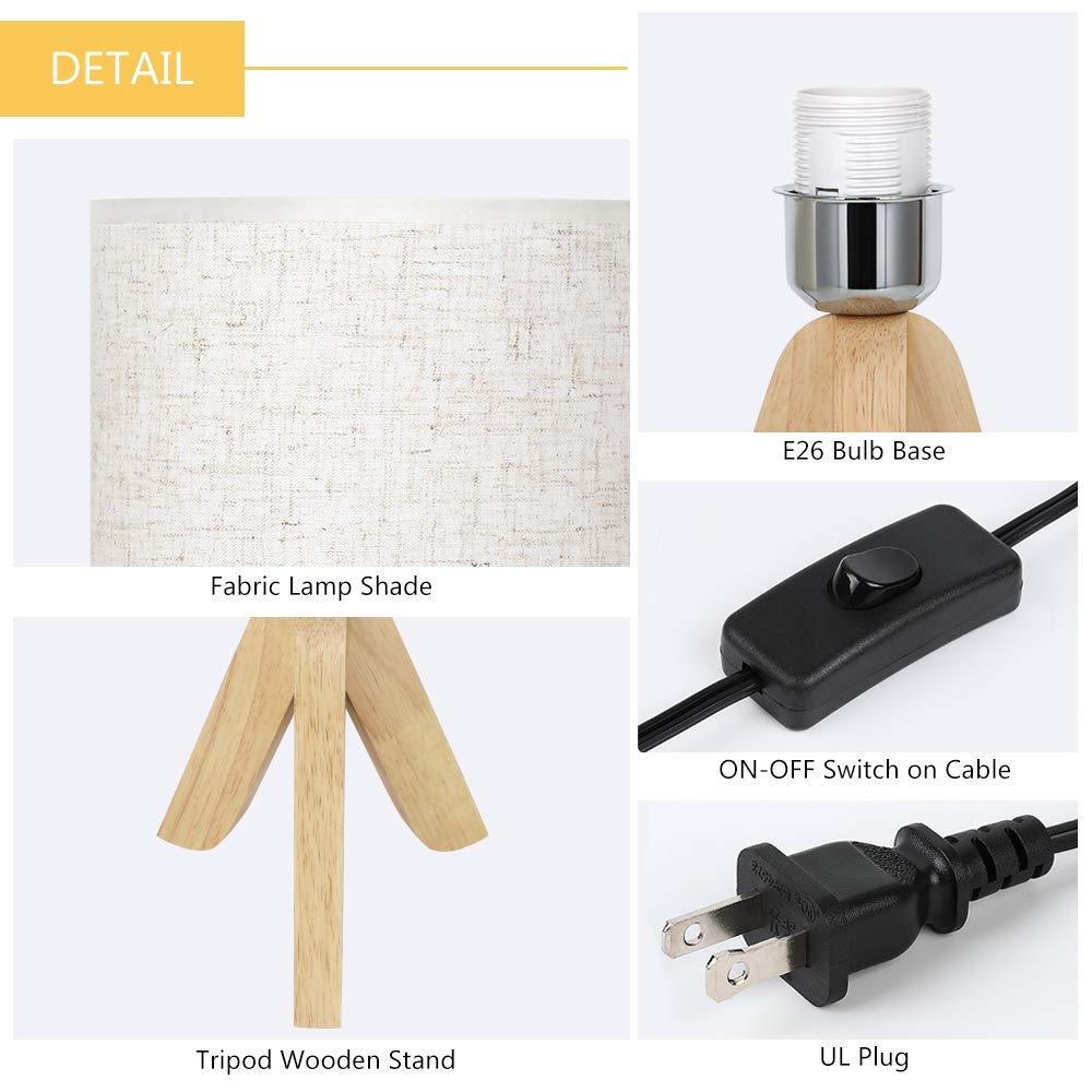 HAITRAL Small Table Lamps - Wooden Tripod Nightstand Lamps Set of 2 for Bedroom, Living Room, Office, Home with Fabric Linen Shade HAITRAL
