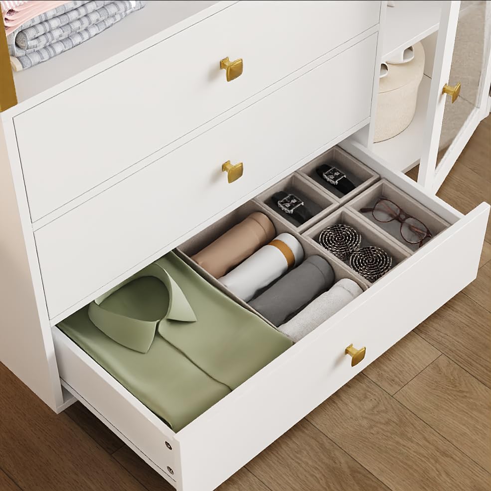 BOTLOG Closet System Organizer, 81.3” H Wardrobe Closet with 3 Wooden Drawers, Clothes Rack with Hanging Rods, 4 Tiers Shelves, Metal Frame, White and Gold BOTLOG
