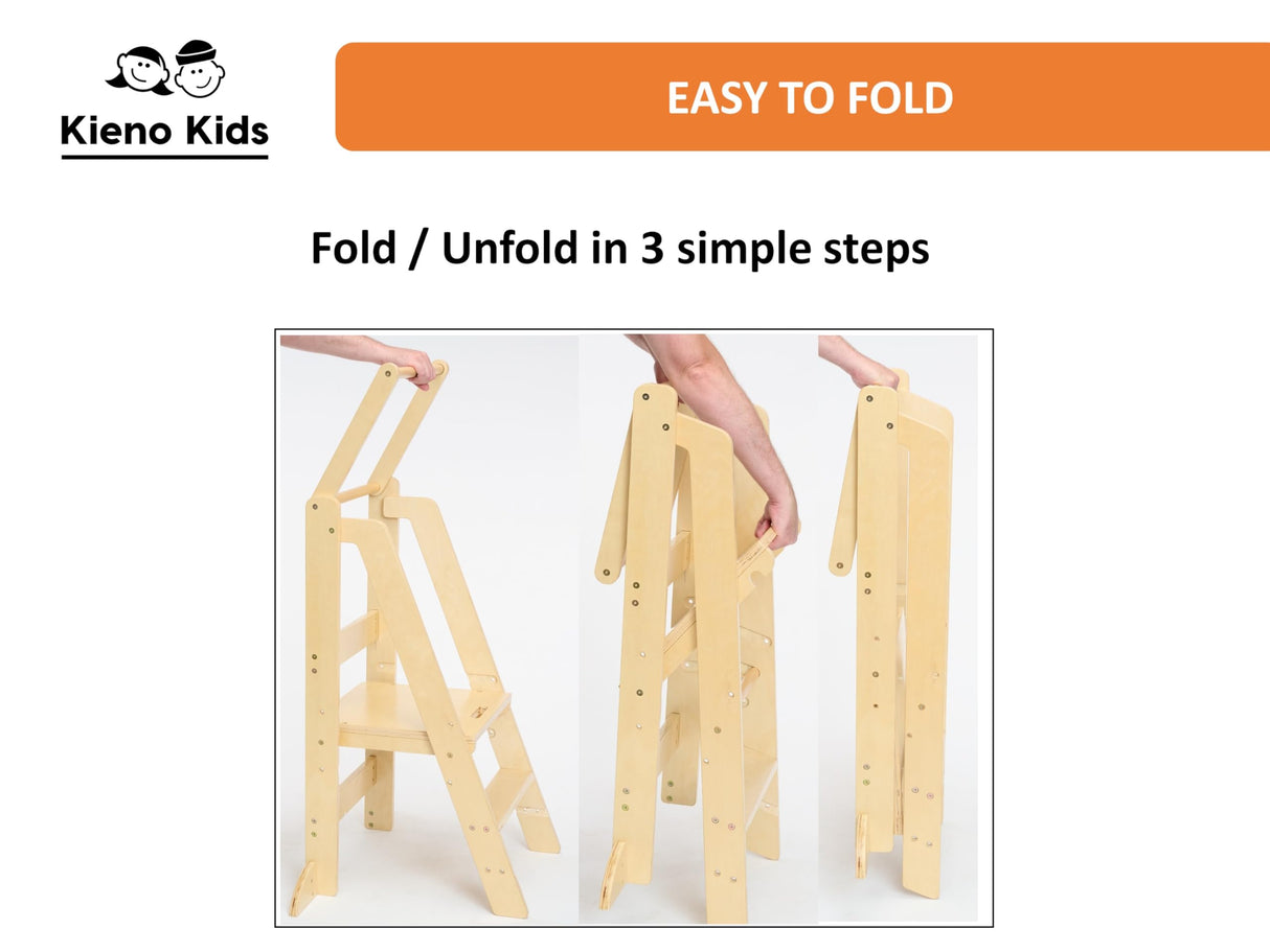Foldable Kitchen Stool for Kids - Foldable Toddler Tower, Kitchen Stool for Toddlers, Toddler Standing Tower, Toddler Tower, Kids Stool (Wood Color) Kieno Kids