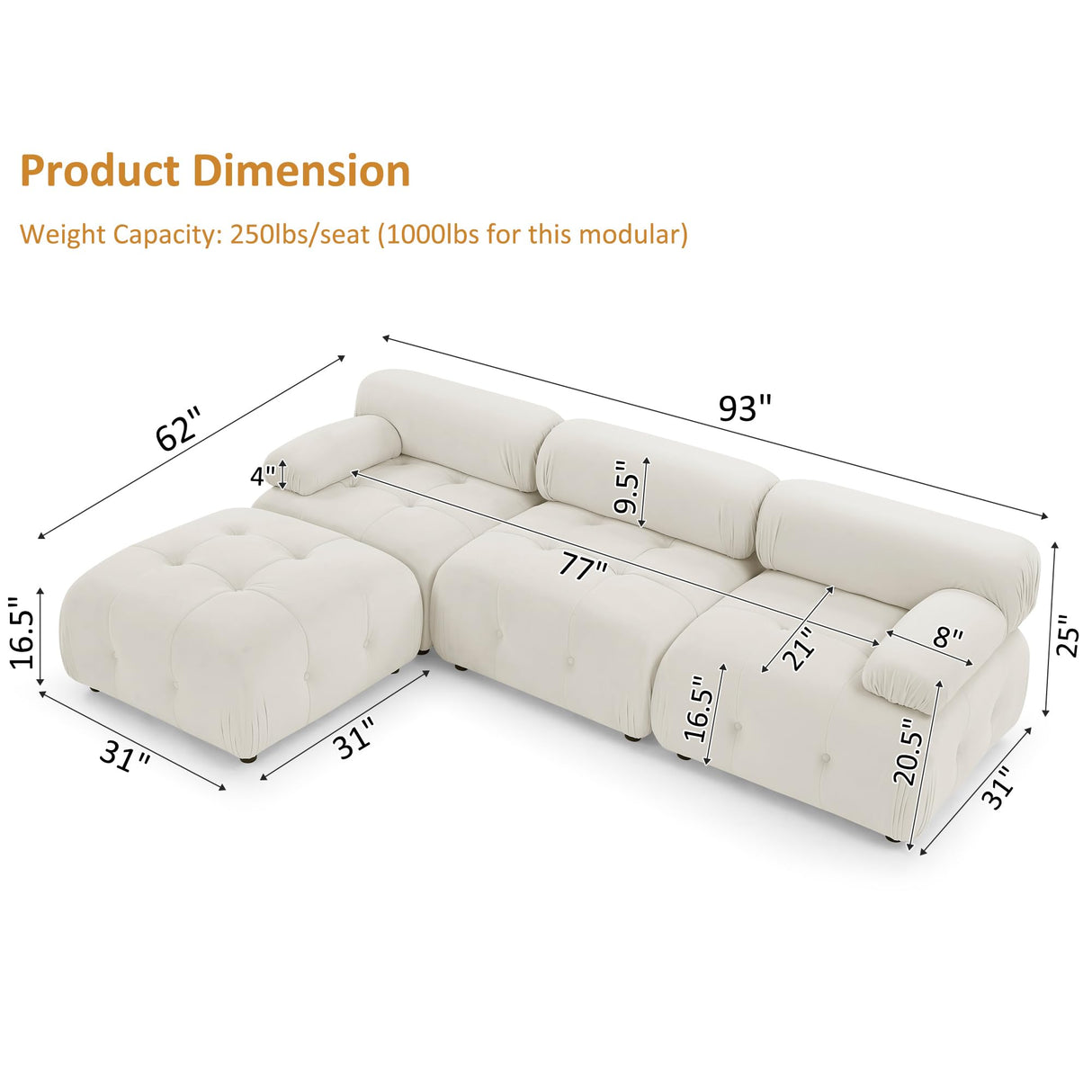 GNIXUU Modular Sectional Sofa, 93" Convertible L-Shaped Couch for Living Room, Modern Button Tufted Cloud Couches with Comfy Armrest, Beige Velvet GNIXUU