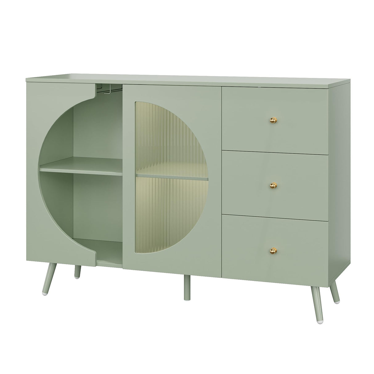 FACBOTALL Coffee Bar Cabinet with Fluted Glass Door, Modern Cream Style Buffets & Sideboards with Wine Glass Rack, Buffet Cabinet with Storage for Dining Room, Living Room, Green FACBOTALL