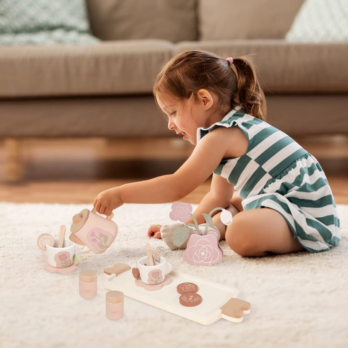 Smartwo Wooden Tea Set for Little Girls, 26 PCS Play Kitchen Accessories for Toddlers Princess Tea Party with Play Food, Pretend Play Tea Set Toy for Kids 1 2 3, Improve Imagination and Social Skills Smartwo