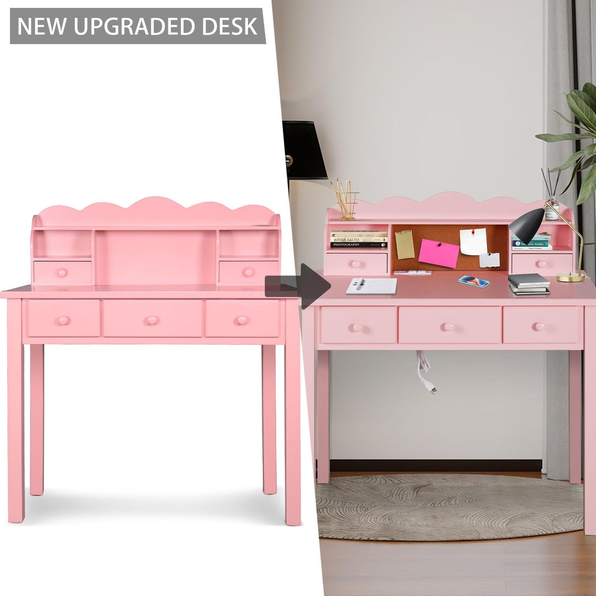 FUNKOCO Home Office Furniture Writing Desk,Computer Work Station with Detachable Hutch,5 Drawers(Pink) FUNKOCO