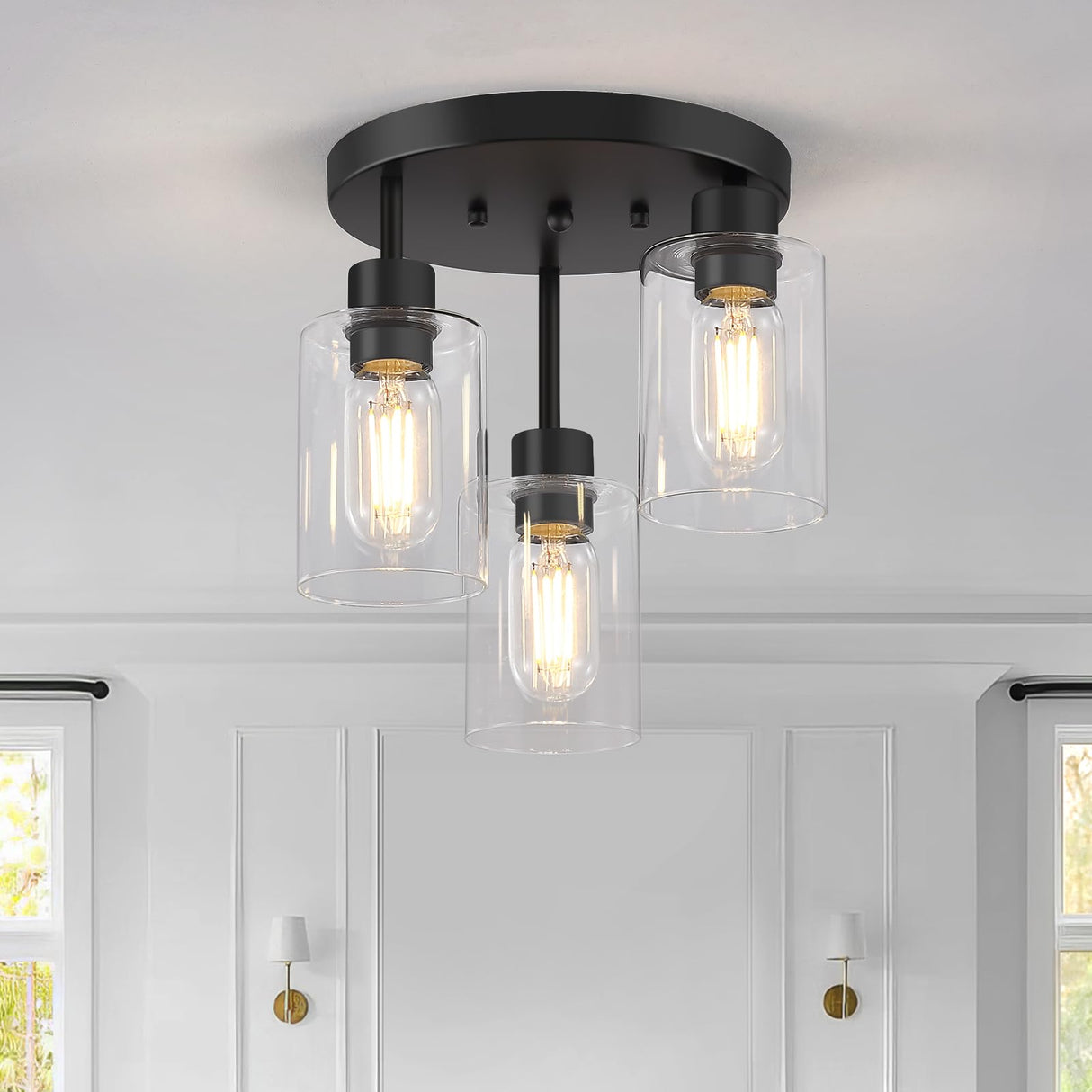 Feanron Farmhouse Flush Mount Ceiling Light, Black 3-Light Hallway Light Fixtures Ceiling with Clear Glass Shades, Light Fixtures Ceiling Mount for Kitchen Living Room Foyer, E26 Base Feanron