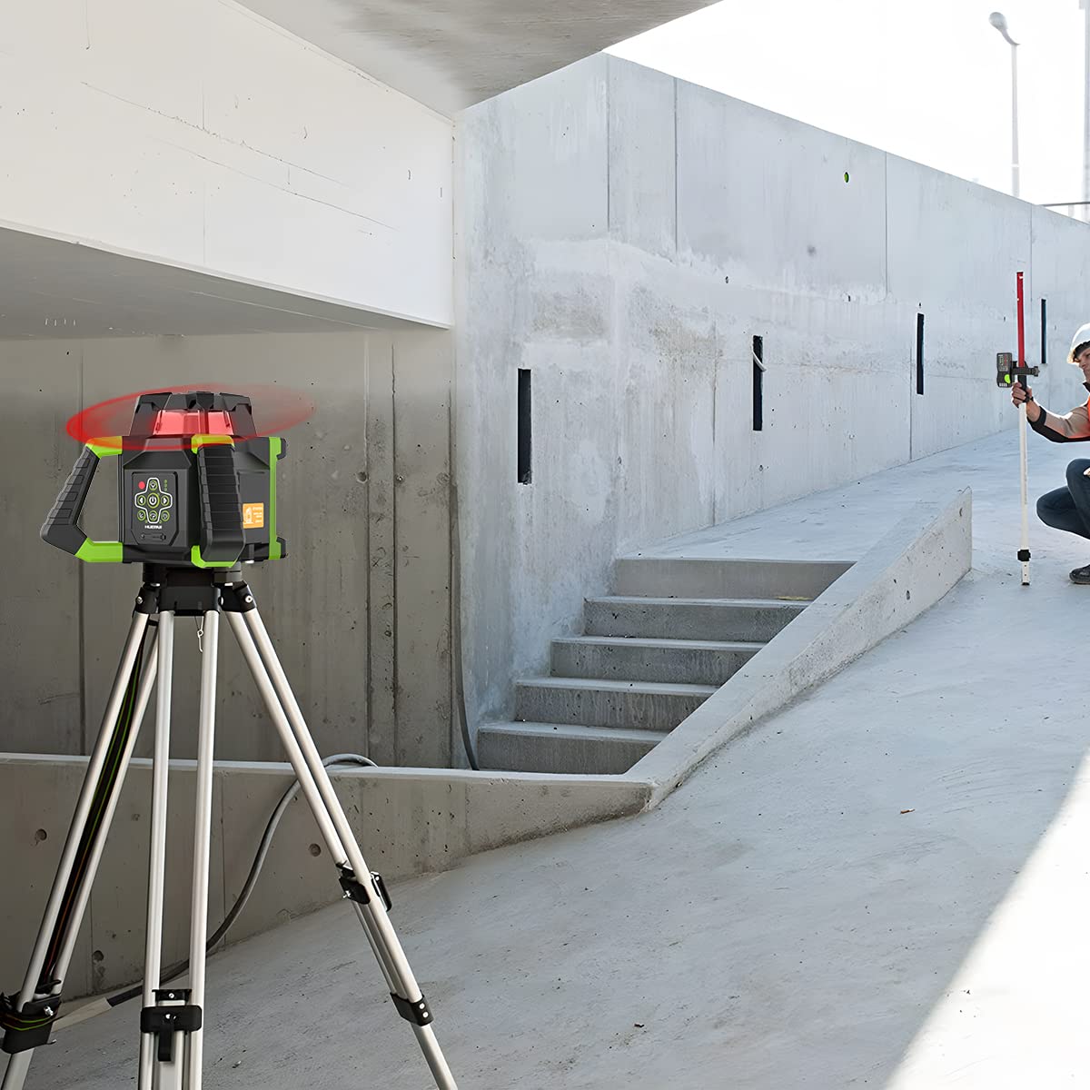 Huepar Electronic Self-Leveling Rotary Red Laser Level Kit - 360 Horizontal Laser Beam Interior/Exterior Rotating Laser Level Tool with Receiver, Protective Glasses, Li-ion Battery, Hard Case RL300HR Huepar