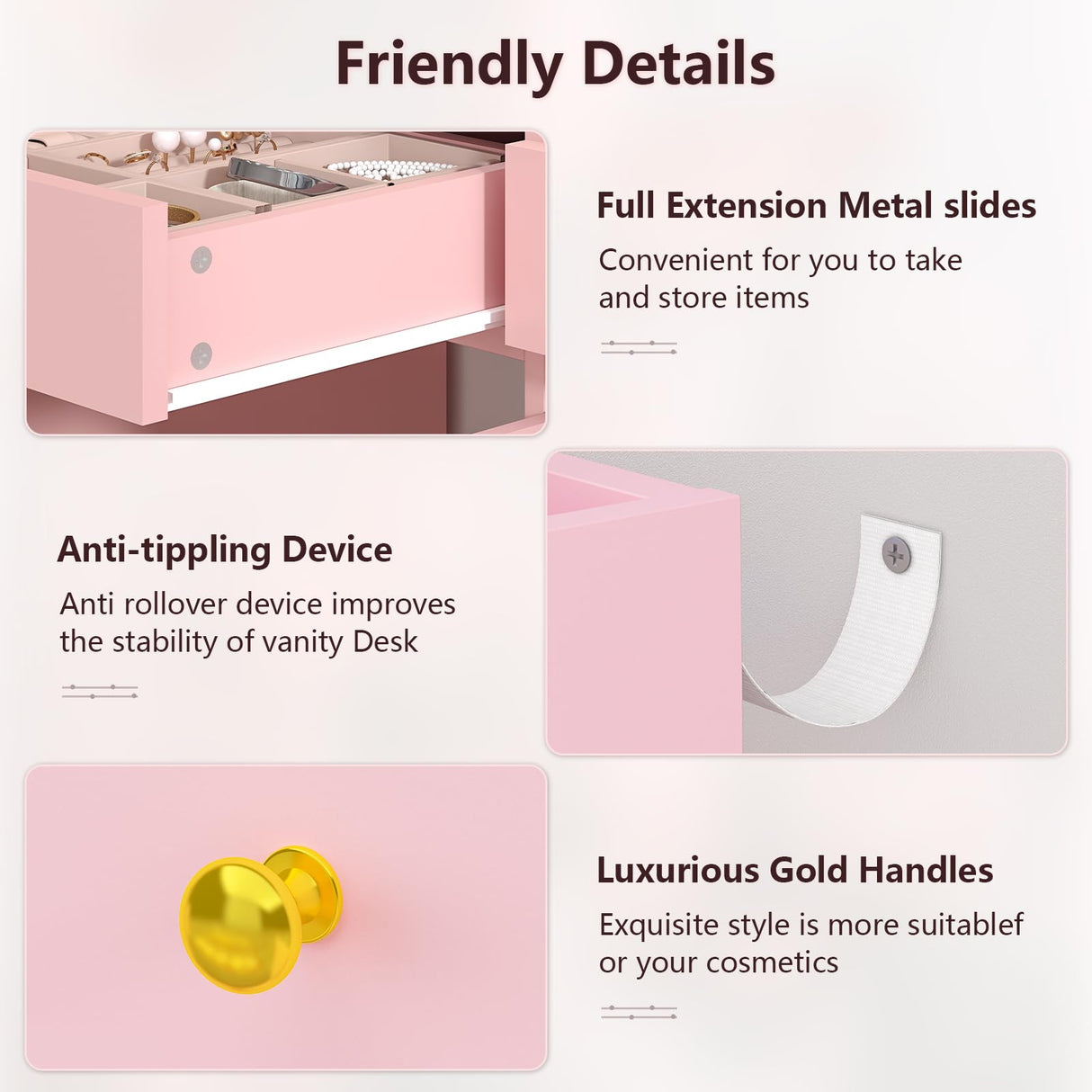 Vanity Desk with Mirror and Lights, Makeup Vanity Table with Power Outlet, Dressing Vanity Table Set with 6 Drawers & 4 Cabinets, 3 Color Modes & Brightness Adjusted, for Bedroom Room, Pink Aiguazi